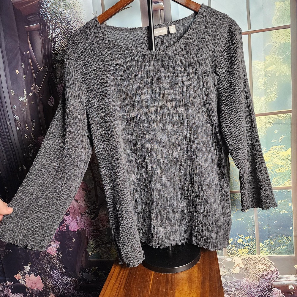 Croft & Barrow Gray Textured Scoop Neck Long Sleeve Top XL Lettuce Trim
